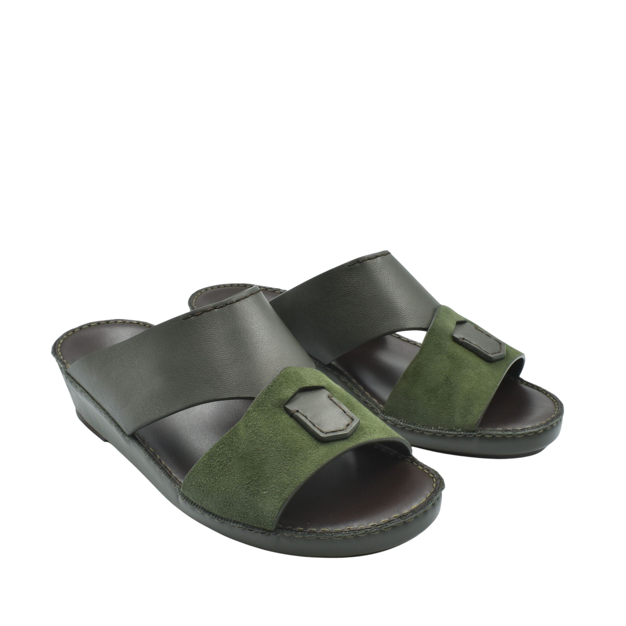 Pair of premium Nappa leather shoes in dark green and black slide sandal style with cushioned sole