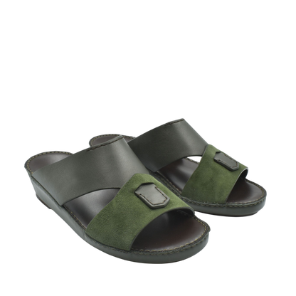 Pair of premium Nappa leather shoes in dark green and black slide sandal style with cushioned sole