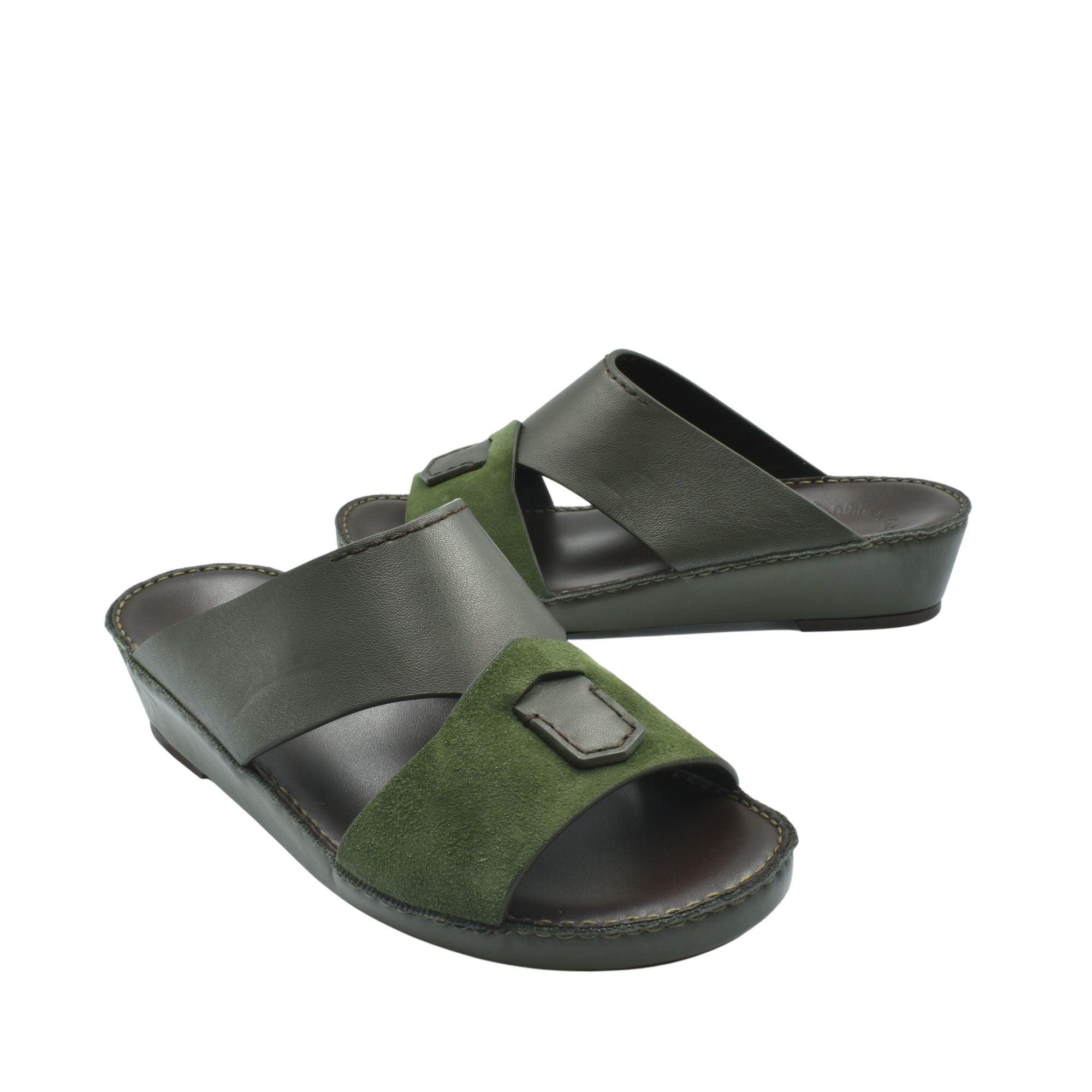 Premium Nappa leather shoes in dark green and black open-toe slide sandals with cushioned soles