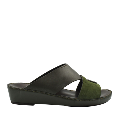 Women's premium Nappa leather shoes slide sandal with green suede and dark brown leather straps