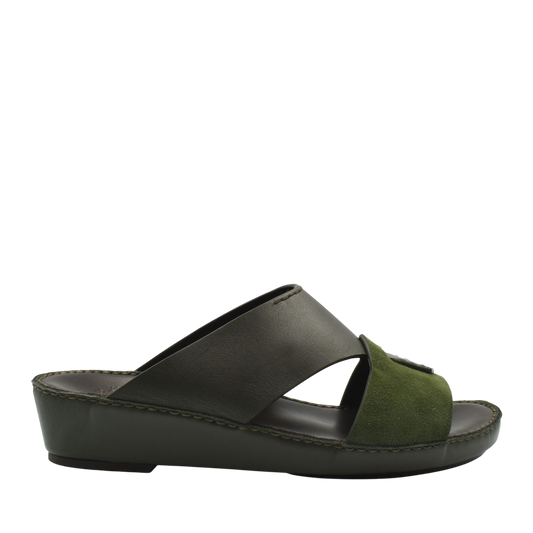 Women's premium Nappa leather shoes slide sandal with green suede and dark brown leather straps