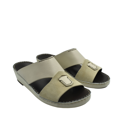Beige premium Nappa leather shoes slide sandals with cushioned sole and decorative buckle