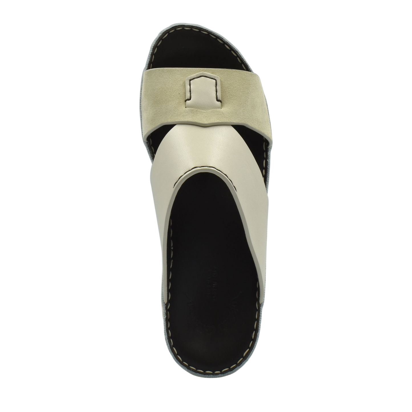 Top view of premium Nappa leather shoes in beige and black with stitched detailing