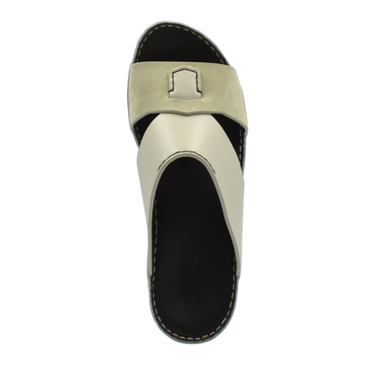 Top view of premium Nappa leather shoes in beige and black with stitched detailing