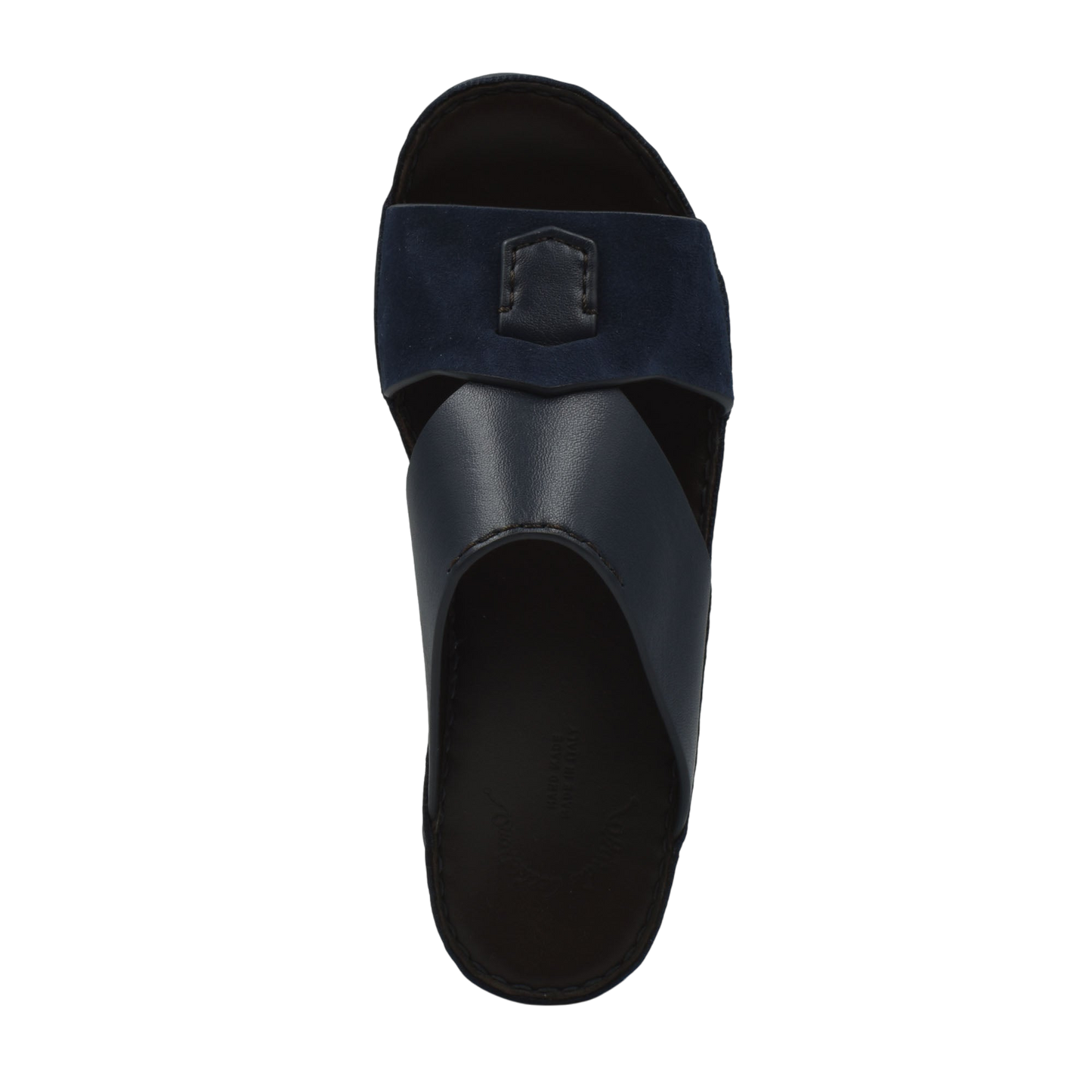 Top view of premium Nappa leather shoes slide sandal in black and navy with leather straps