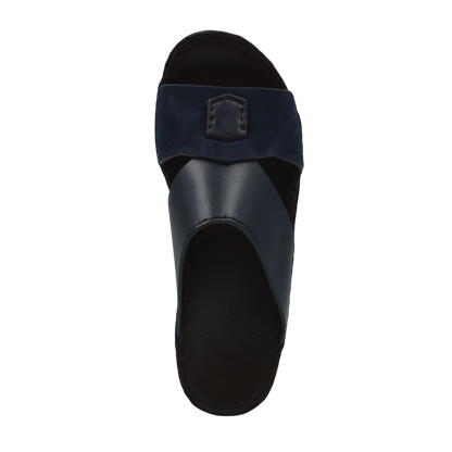 Top view of premium Nappa leather shoes slide sandal in black and navy with leather straps