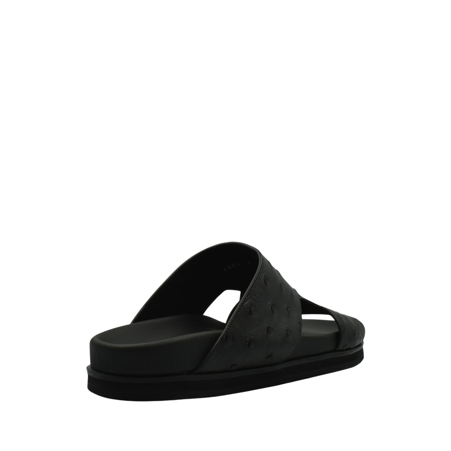 Black premium ostrich leather footwear slide sandal with textured leather upper and cushioned sole