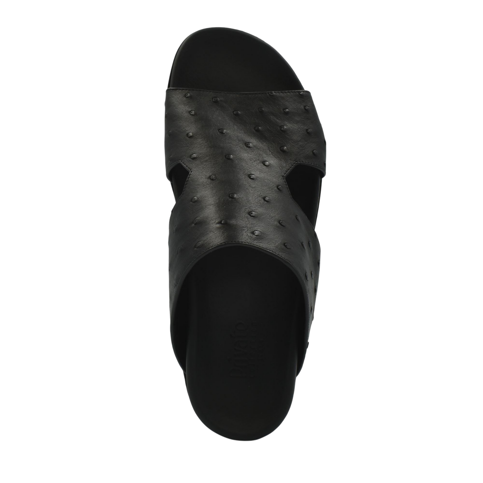 Black slide sandal made of premium ostrich leather footwear with textured pattern from private collection