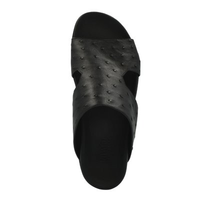 Black slide sandal made of premium ostrich leather footwear with textured pattern from private collection