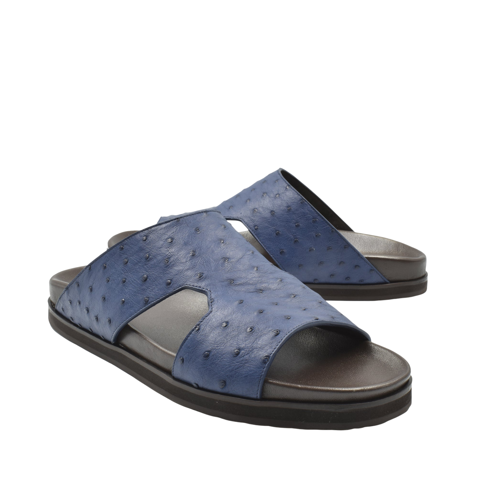 Blue premium ostrich leather footwear open-toe slides with black sole from private collection