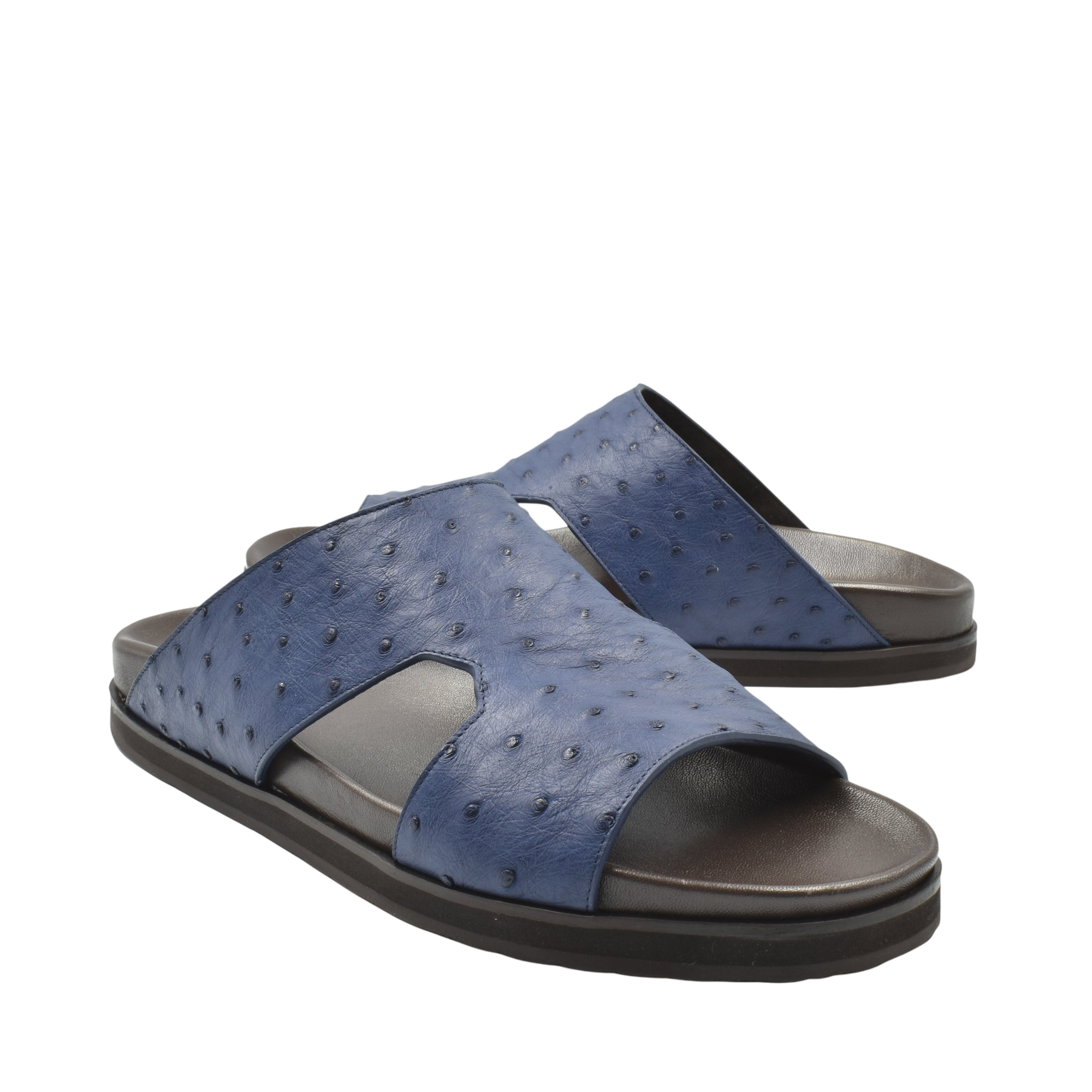 Blue premium ostrich leather footwear open-toe slides with black sole from private collection