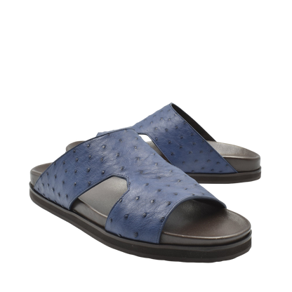 Blue premium ostrich leather footwear open-toe slides with black sole from private collection