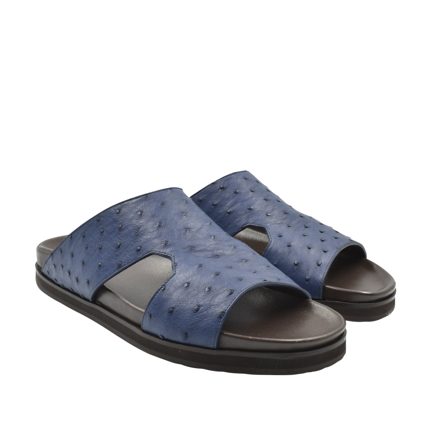 Blue premium ostrich leather footwear slip-on sandals with textured leather upper and black sole