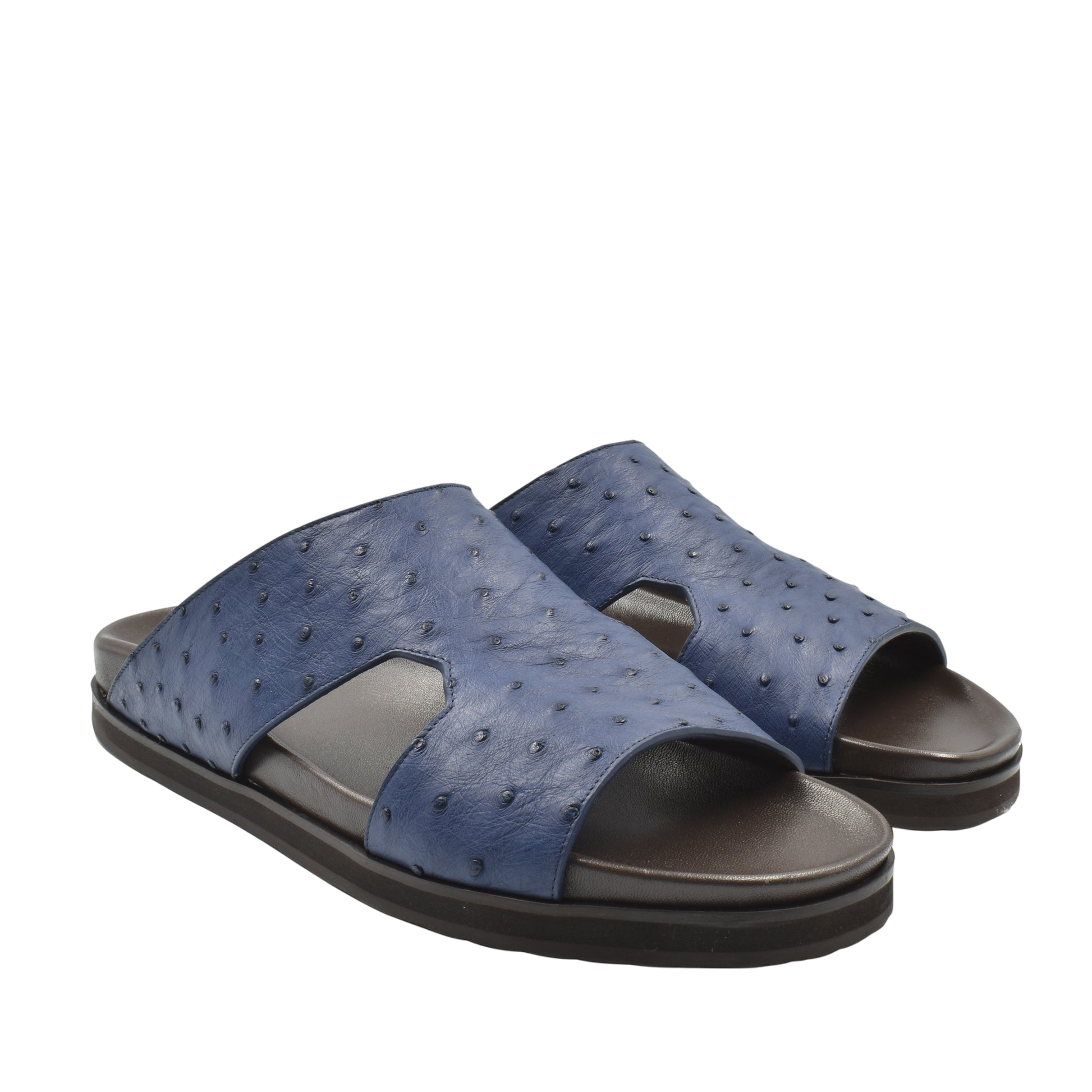 Blue premium ostrich leather footwear slip-on sandals with textured leather upper and black sole
