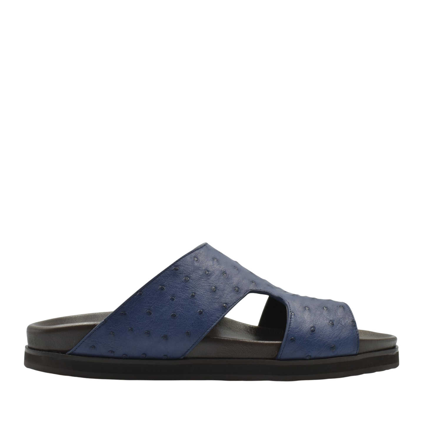 Blue slip-on sandal made of premium ostrich leather footwear with durable black sole