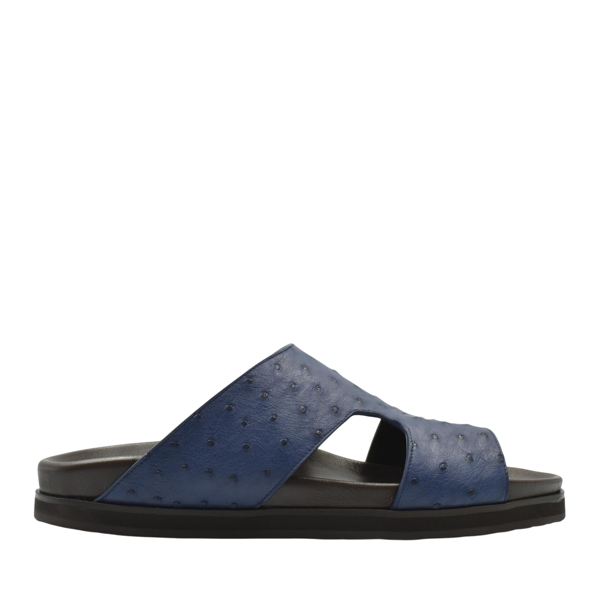 Blue slip-on sandal made of premium ostrich leather footwear with durable black sole