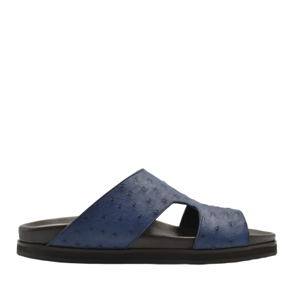 Blue slip-on sandal made of premium ostrich leather footwear with durable black sole
