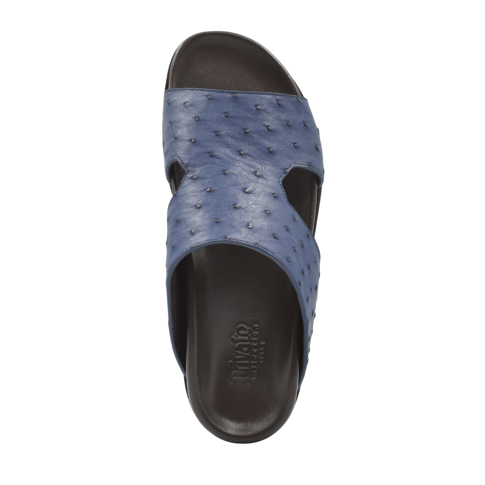 Blue slip-on premium ostrich leather footwear sandal with black sole from Private Collection