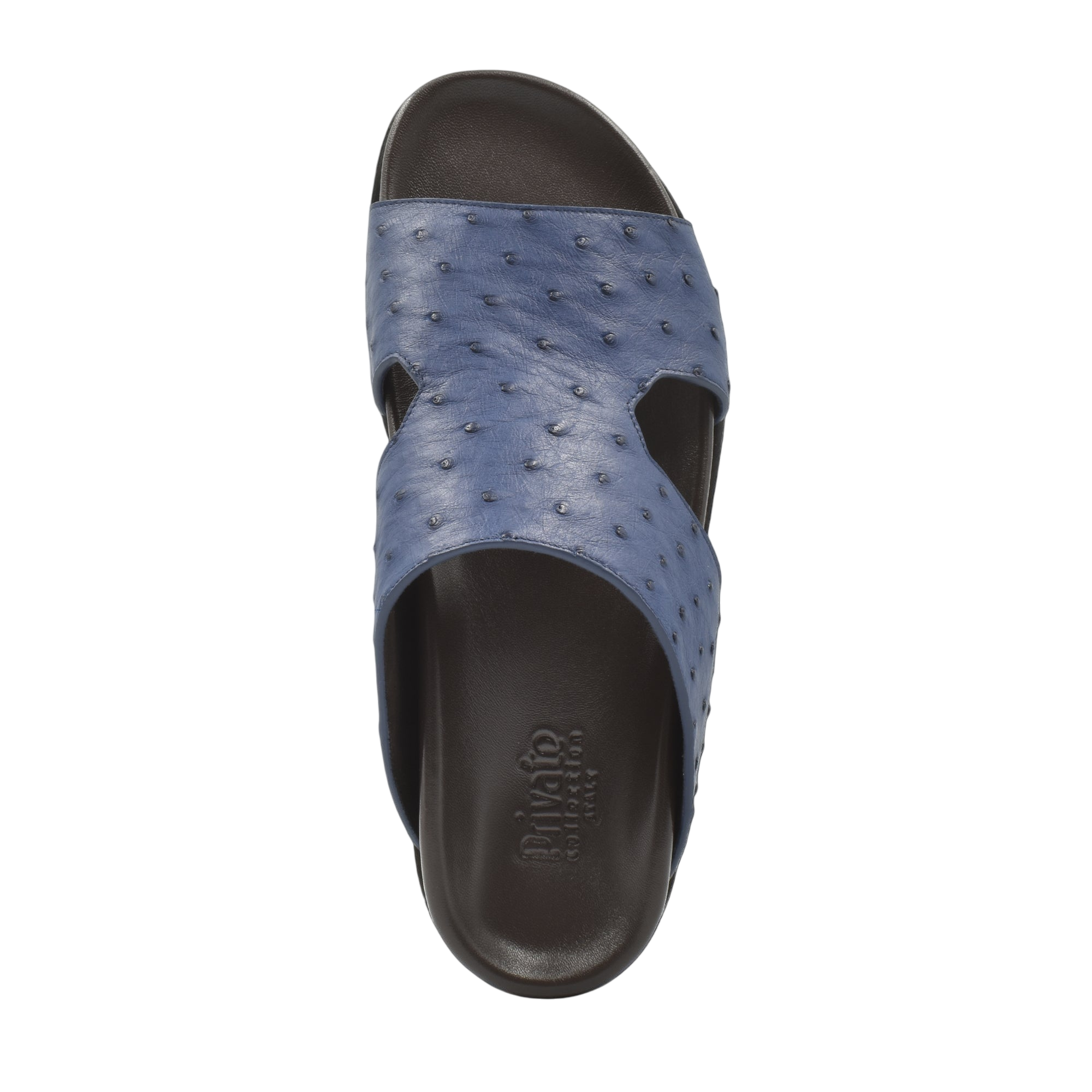 Blue slip-on premium ostrich leather footwear sandal with black sole from Private Collection