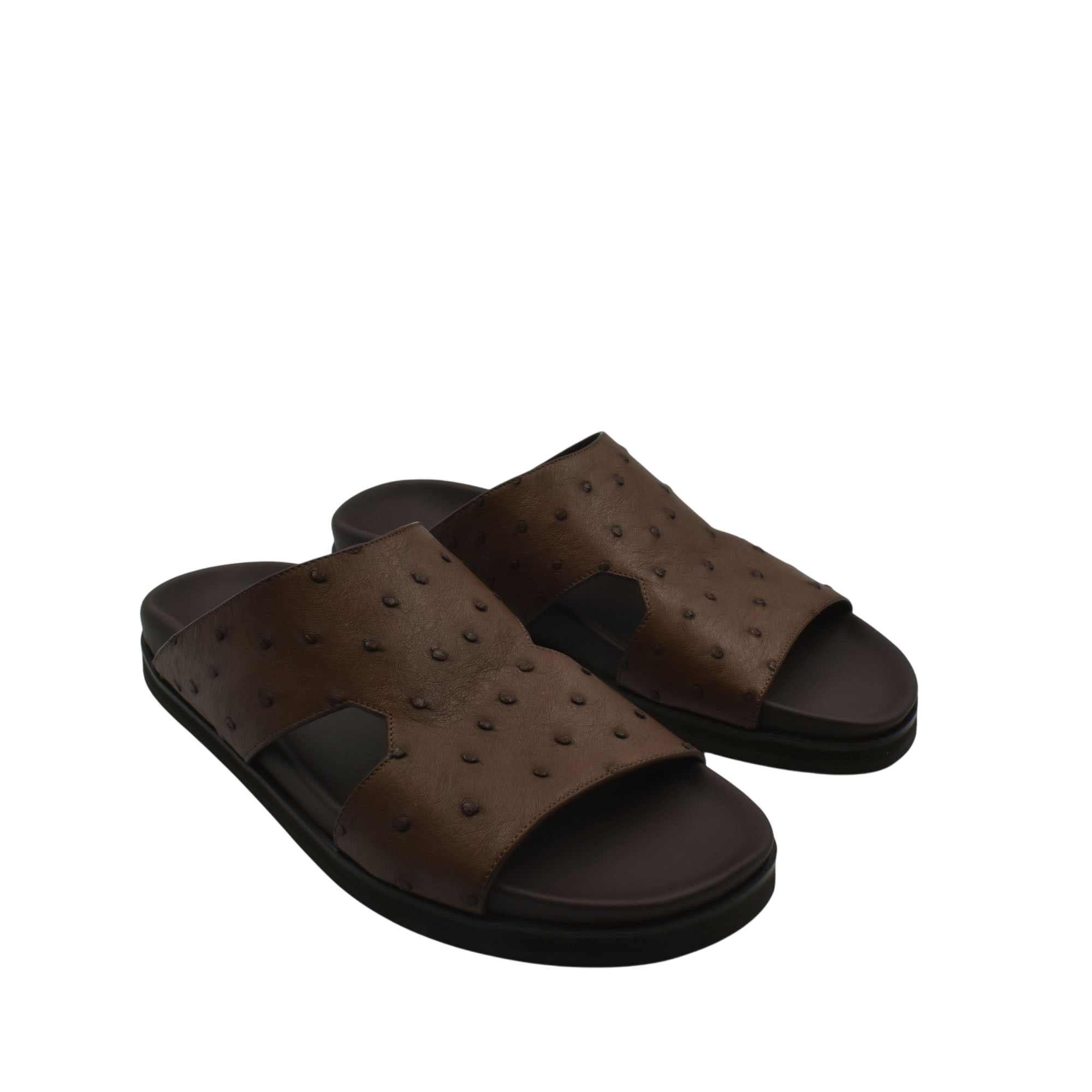 Brown premium ostrich leather footwear slide sandals with cushioned sole from private collection
