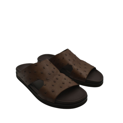 Brown premium ostrich leather footwear slide sandals with cushioned sole from private collection