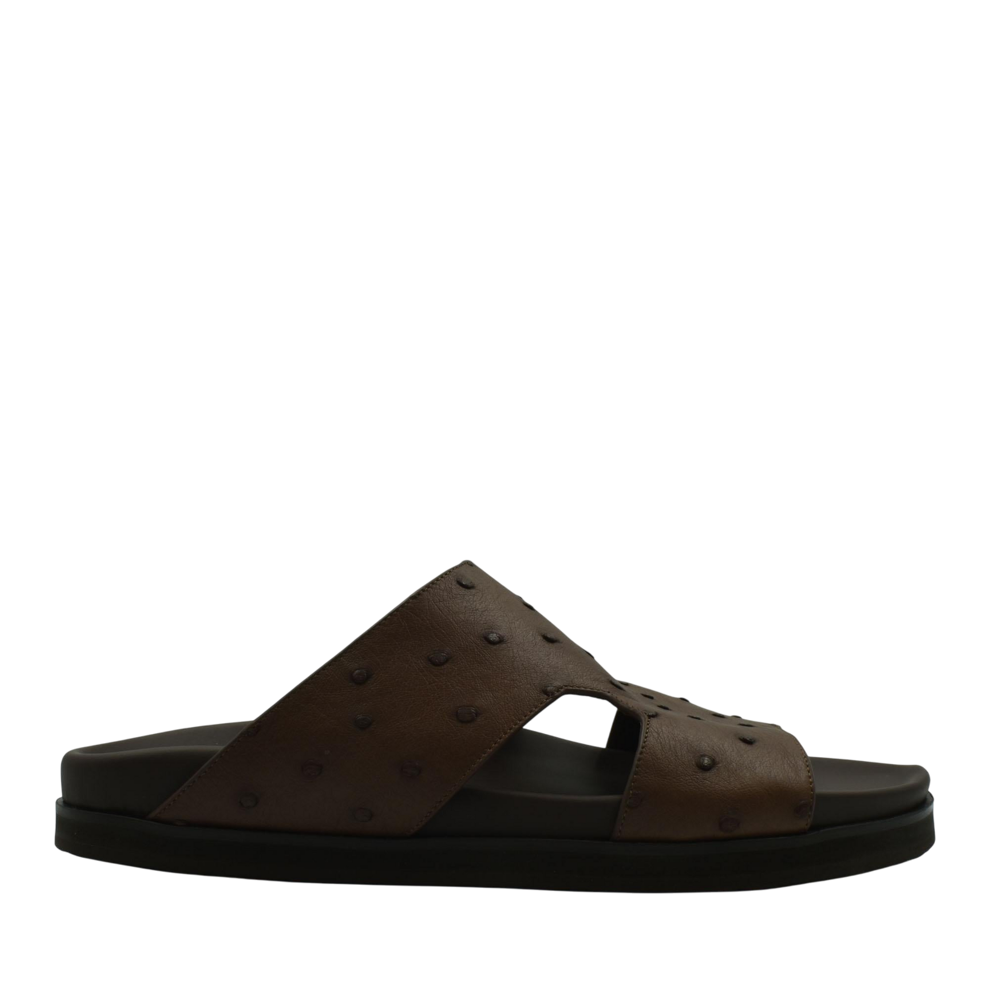 Brown premium ostrich leather footwear slide sandal with textured leather upper and black sole