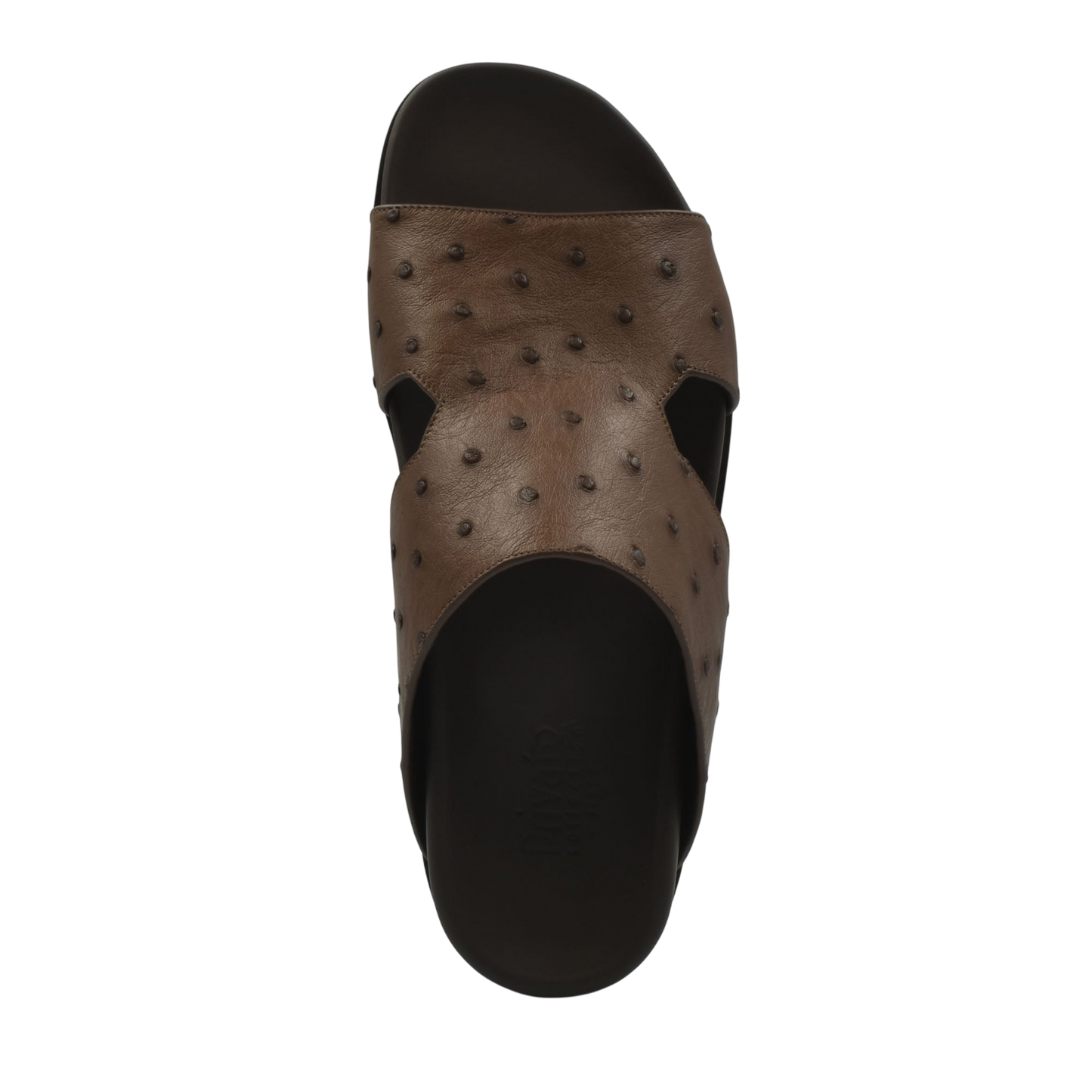 Premium ostrich leather footwear brown slide sandal with textured leather upper and black sole