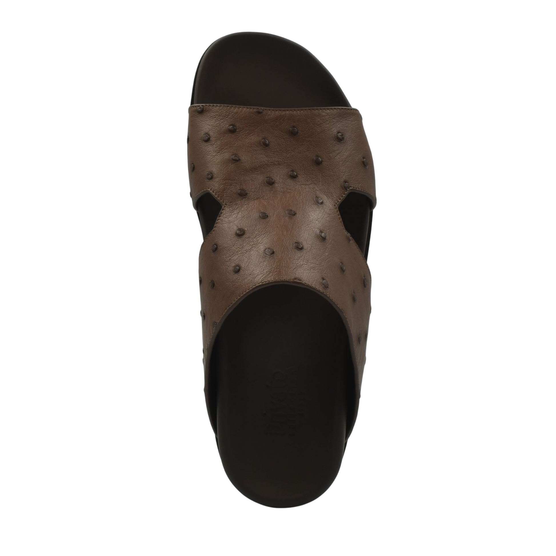 Premium ostrich leather footwear brown slide sandal with textured leather upper and black sole