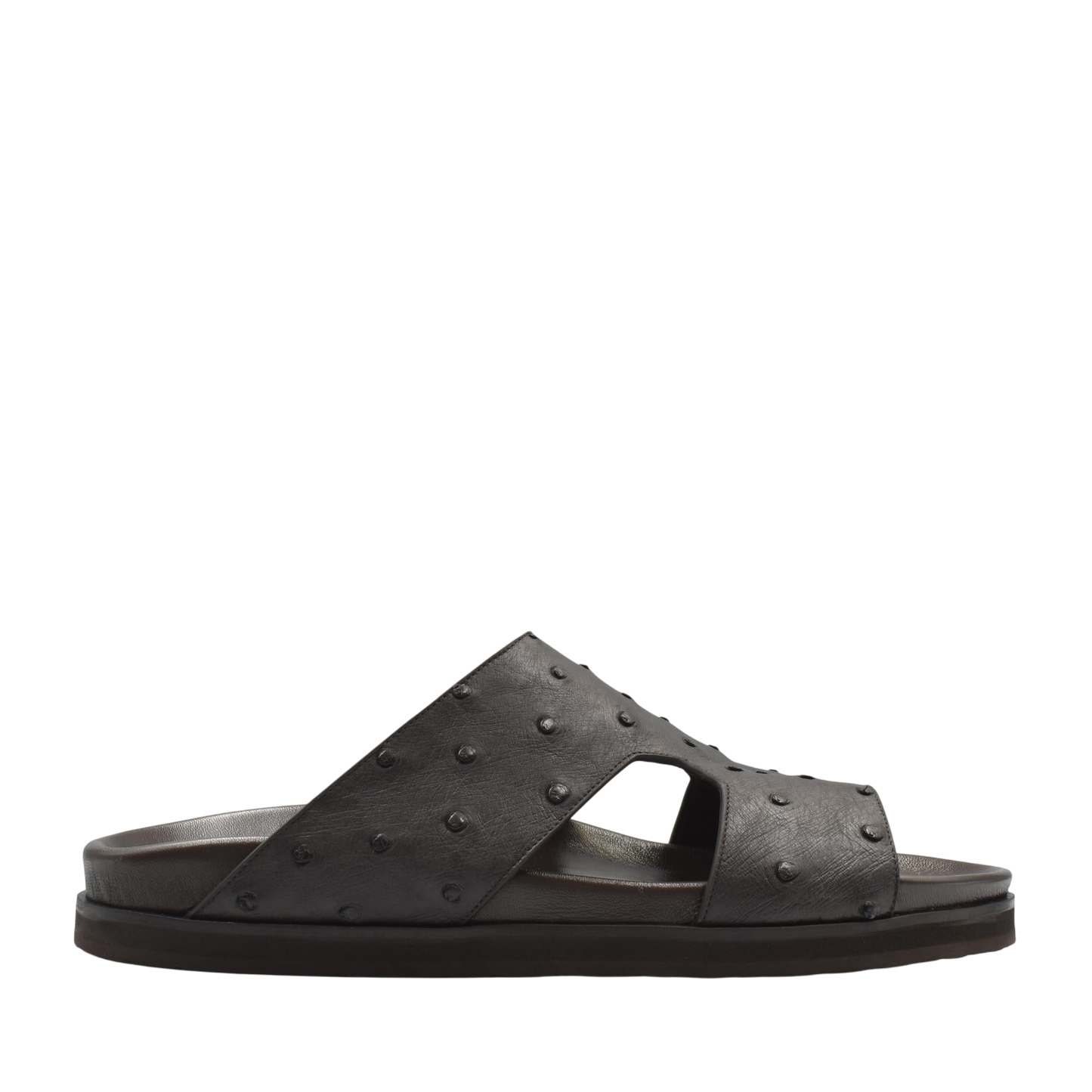 Dark brown slide sandal made of premium ostrich leather footwear with textured detailing