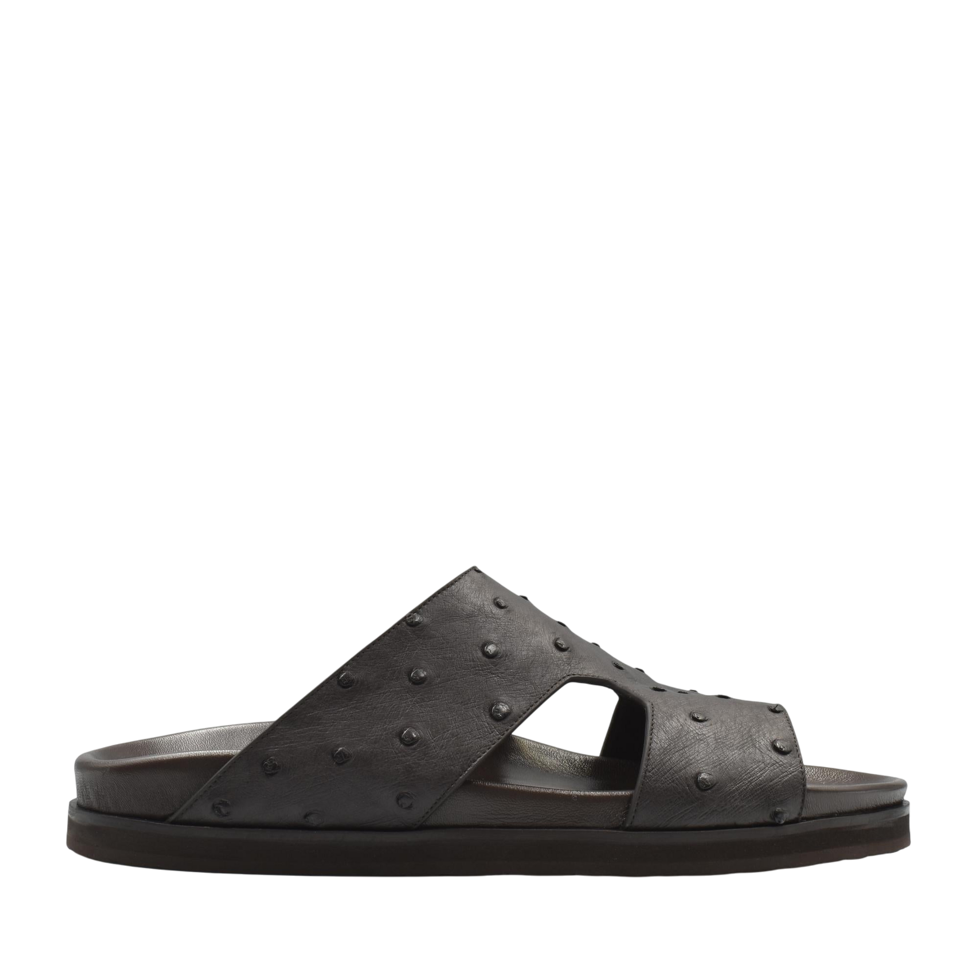 Dark brown slide sandal made of premium ostrich leather footwear with textured detailing