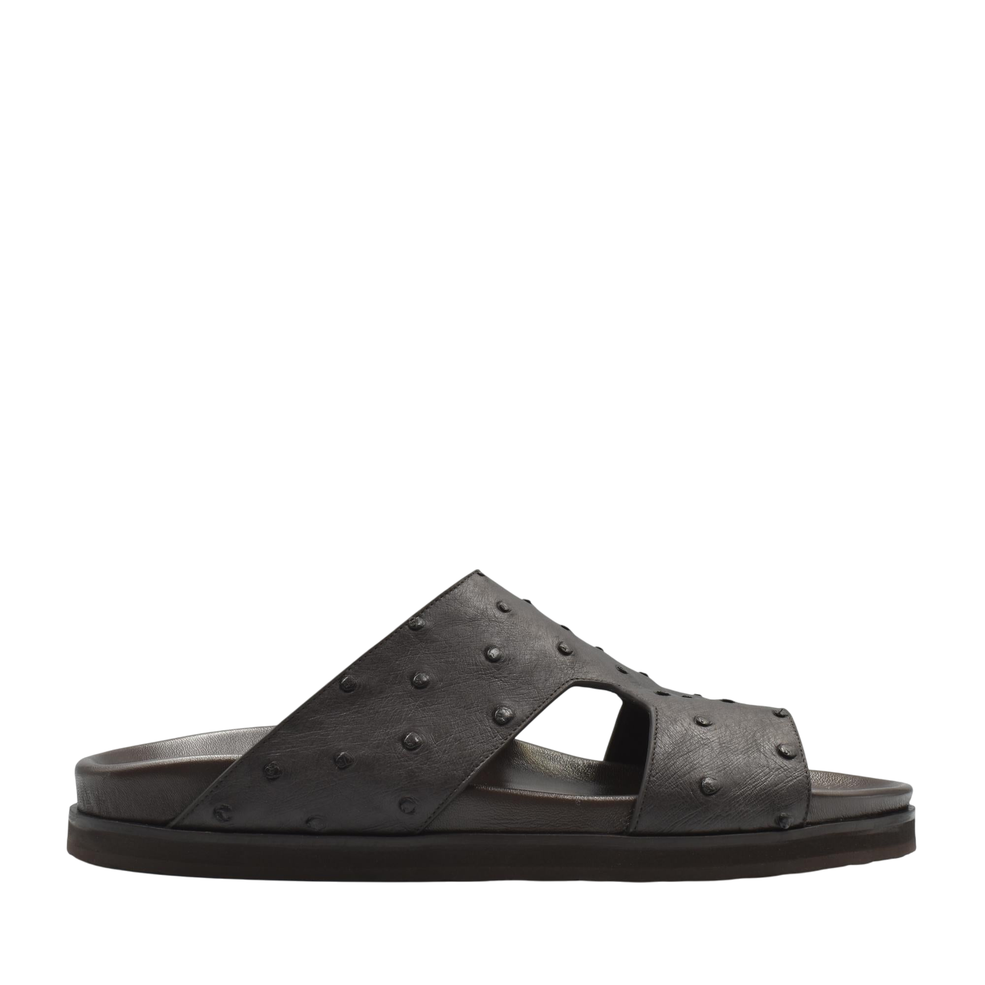 Dark brown slide sandal made of premium ostrich leather footwear with textured detailing