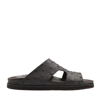 Dark brown slide sandal made of premium ostrich leather footwear with textured detailing