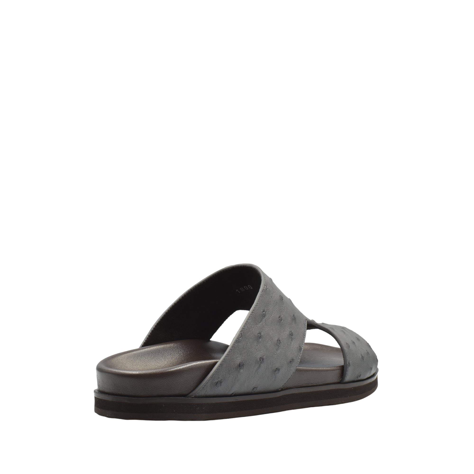Gray slide sandal made from premium ostrich leather footwear with open toe and cushioned sole