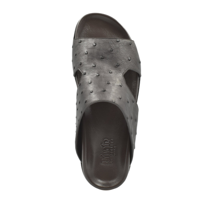 Premium ostrich leather footwear slide sandal in dark brown with textured surface from Private Collection