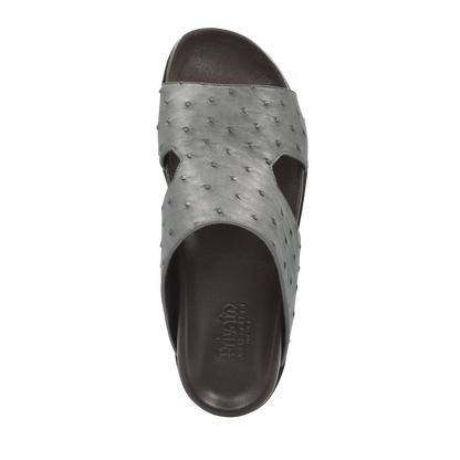 Premium ostrich leather footwear slip-on sandal with textured gray upper and dark brown sole