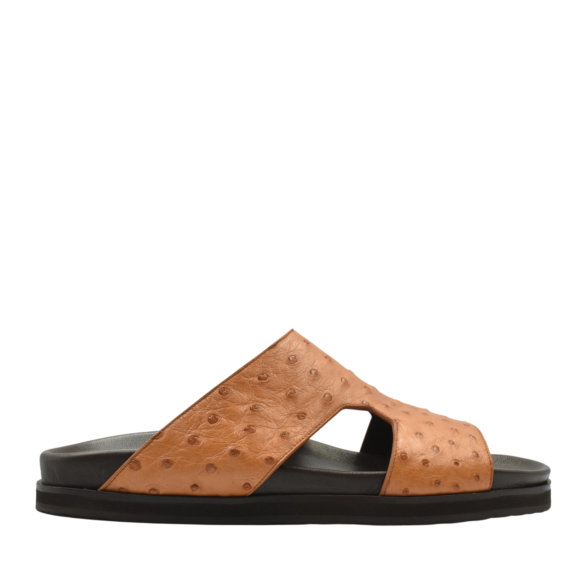 Brown slip-on sandal made of premium ostrich leather footwear with black sole and open toe design