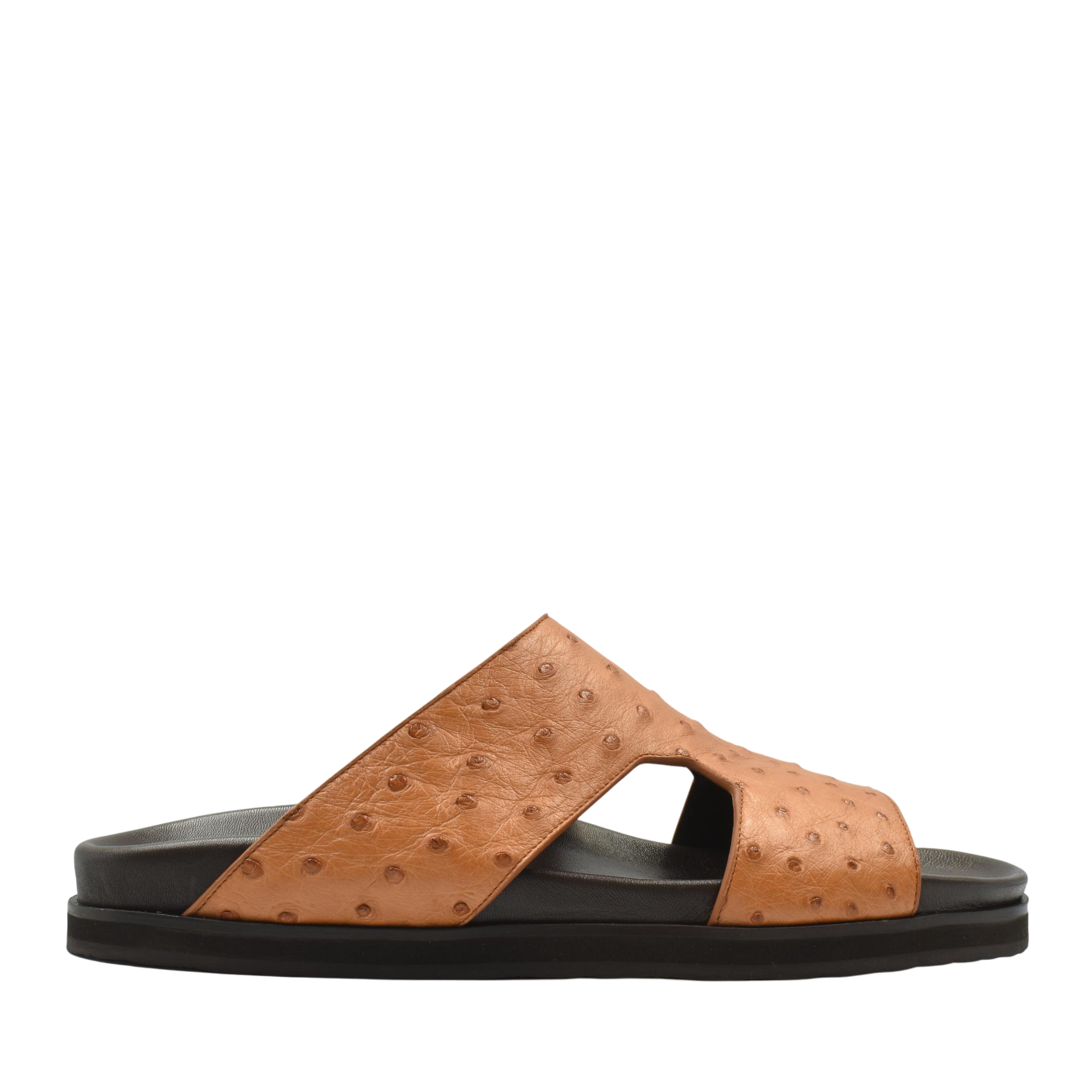 Brown slip-on sandal made of premium ostrich leather footwear with black sole and open toe design