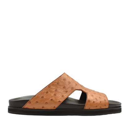 Brown slip-on sandal made of premium ostrich leather footwear with black sole and open toe design
