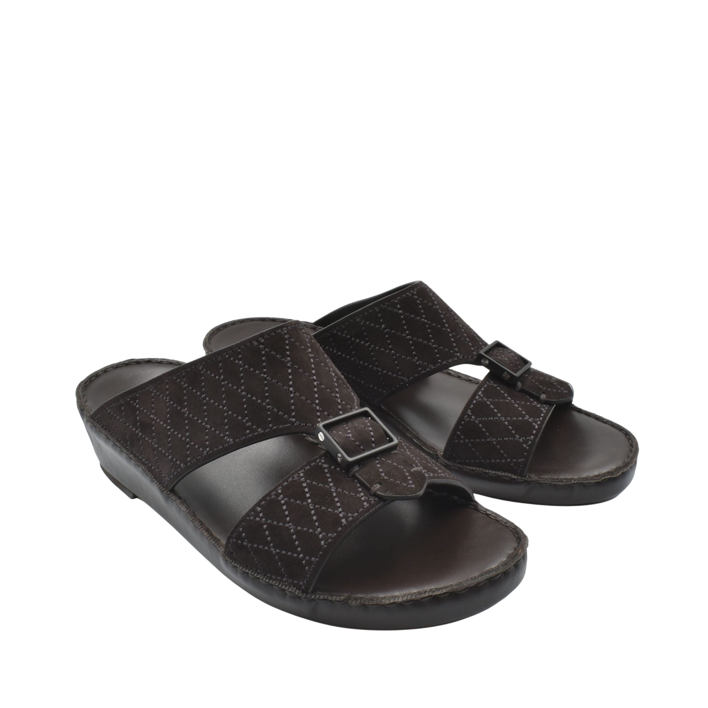 Black premium suede sandals with quilted straps and adjustable buckle from Private Collection