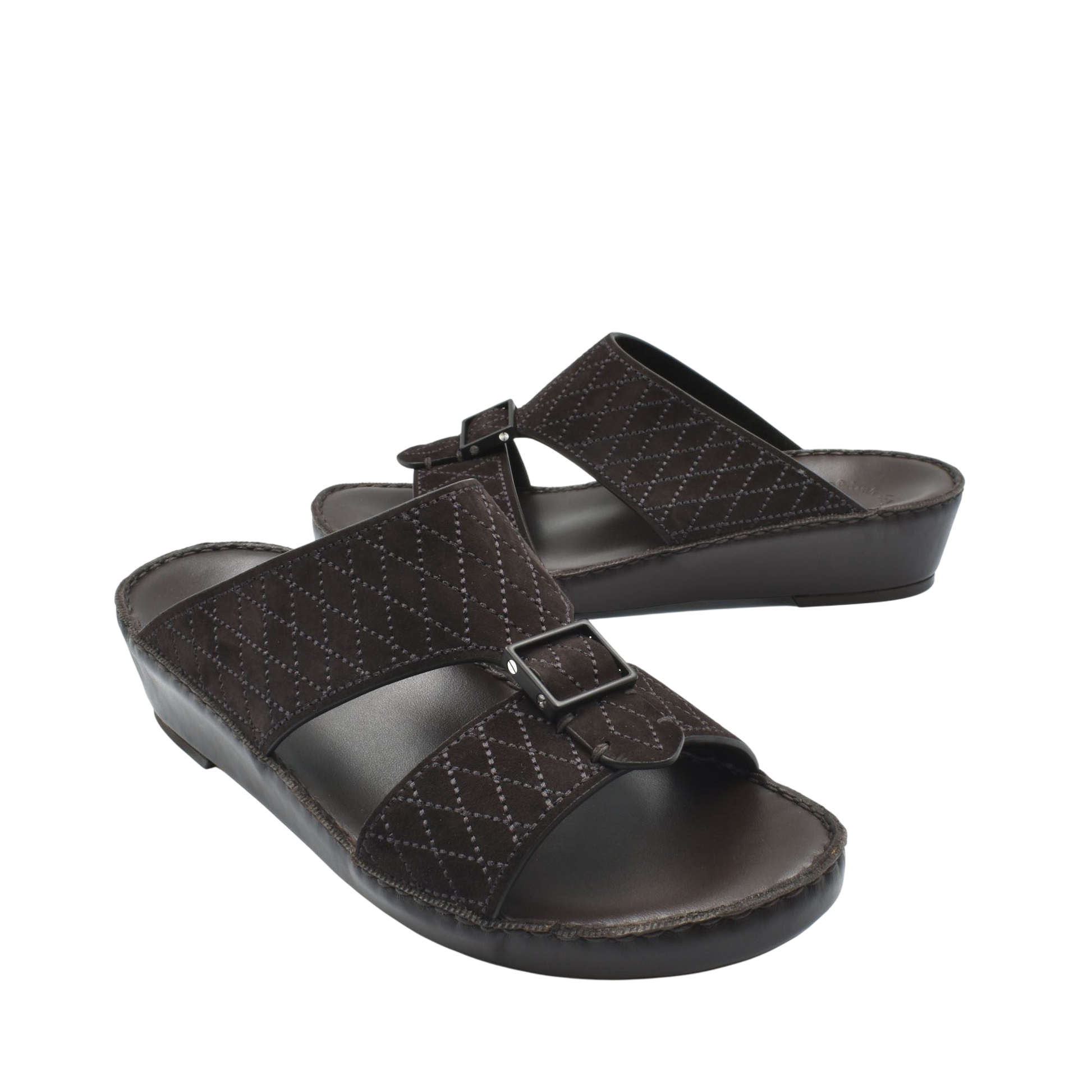 Pair of black premium suede sandals with adjustable buckle straps and cushioned sole