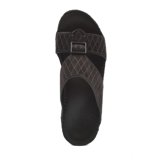 Top view of black premium suede sandals with stitched pattern and adjustable buckle strap