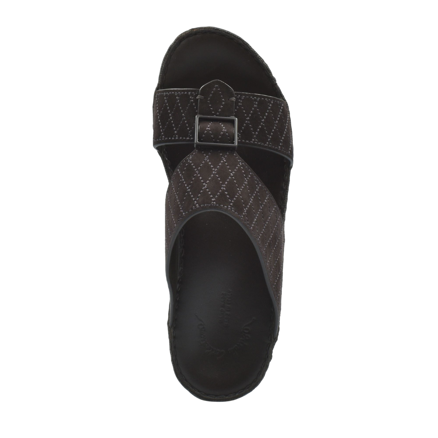 Top view of black premium suede sandals with stitched pattern and adjustable buckle strap
