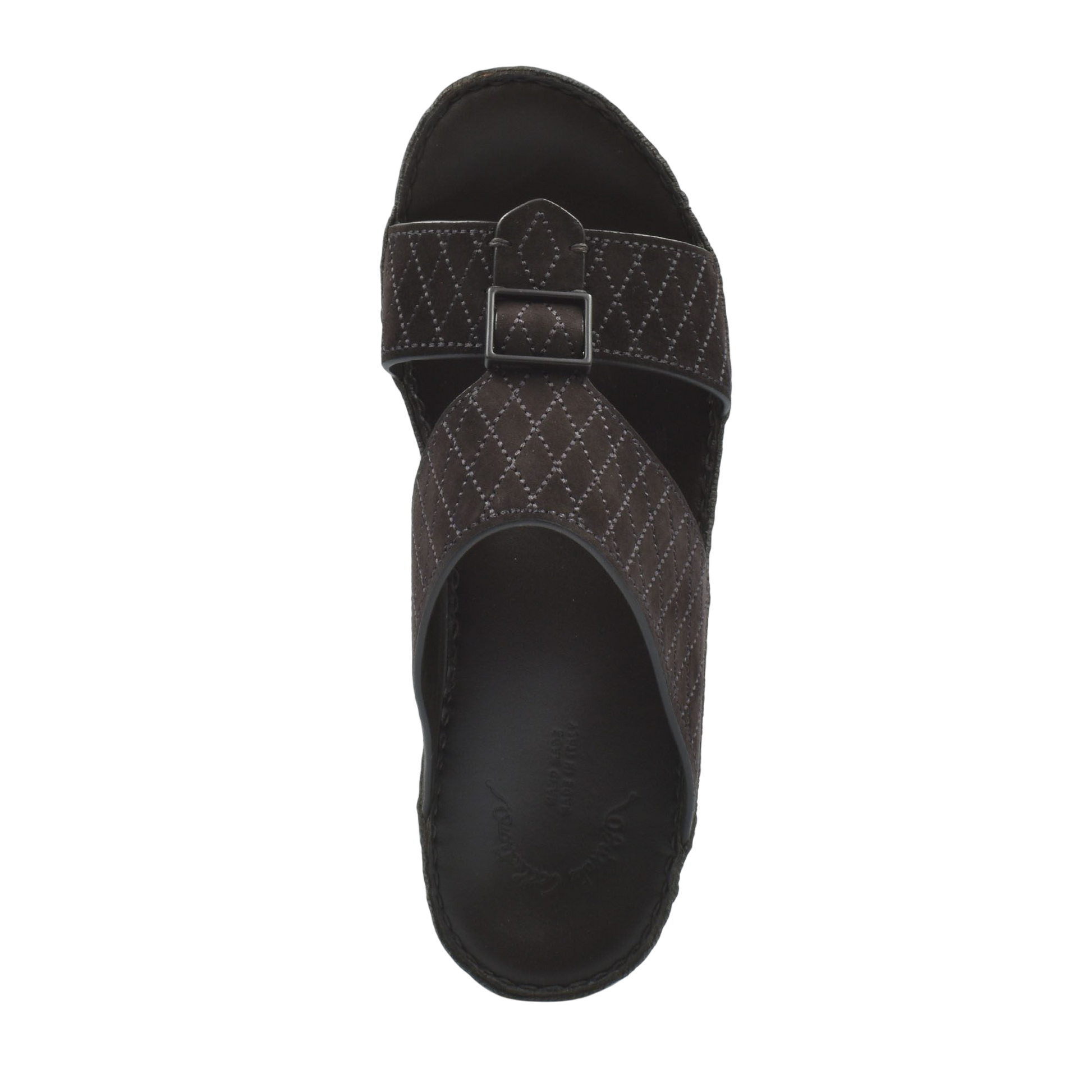 Top view of black premium suede sandals with stitched pattern and adjustable buckle strap