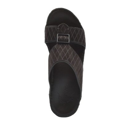 Top view of black premium suede sandals with stitched pattern and adjustable buckle strap