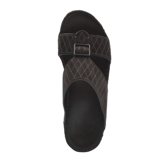 Top view of black premium suede sandals with stitched pattern and adjustable buckle strap