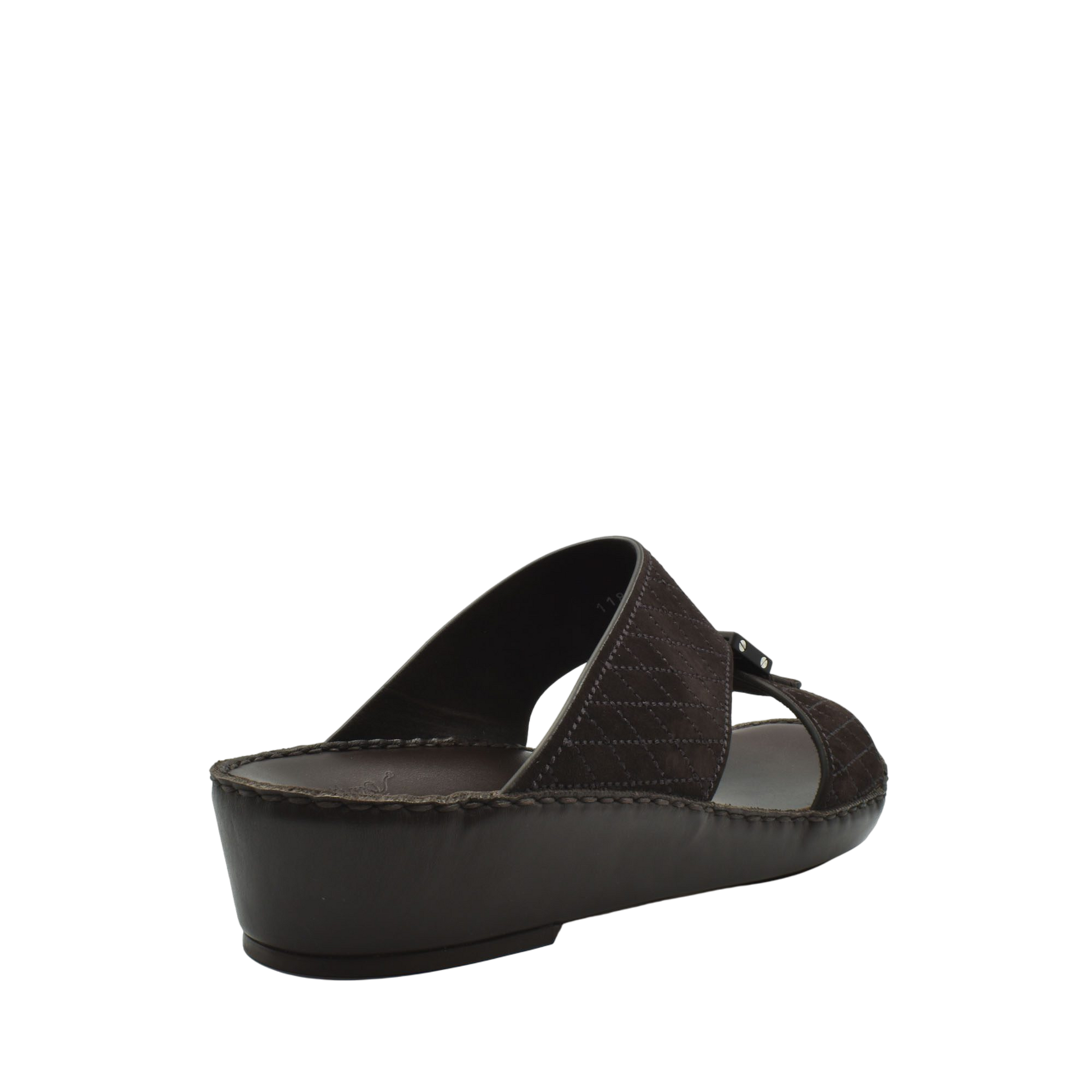 Brown premium suede sandals with quilted straps and cushioned wedge sole for comfort