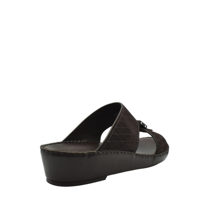 Brown premium suede sandals with quilted straps and cushioned wedge sole for comfort