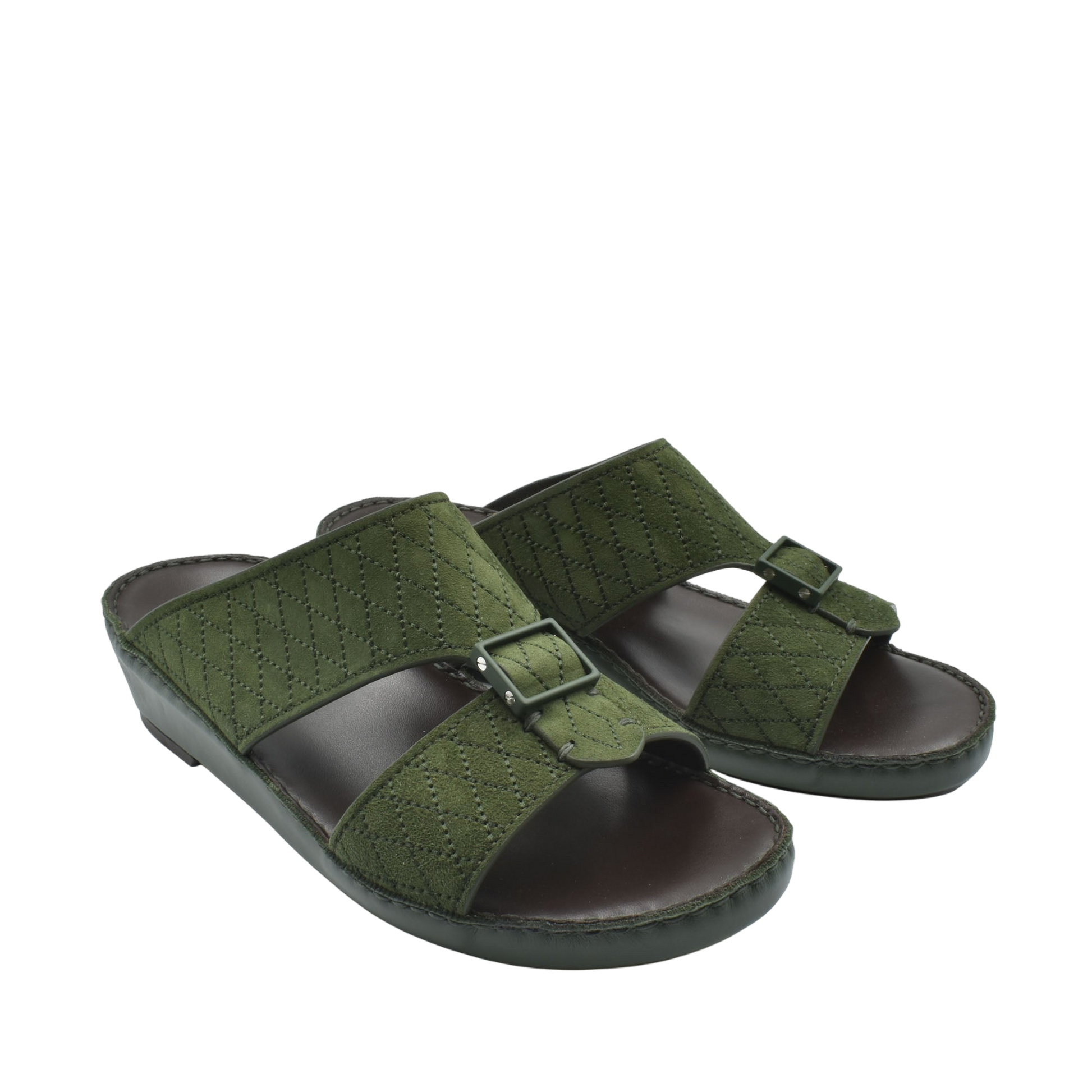 Green premium suede sandals with adjustable buckle straps and cushioned sole for comfort