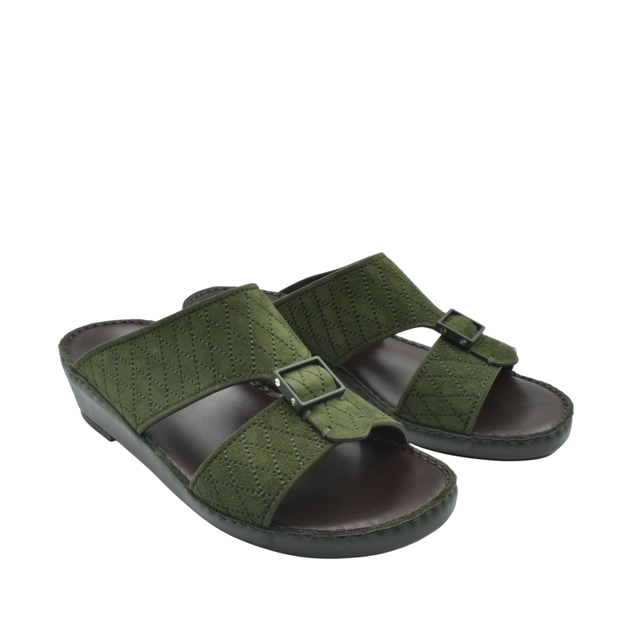 Green premium suede sandals with adjustable buckle straps and cushioned sole for comfort