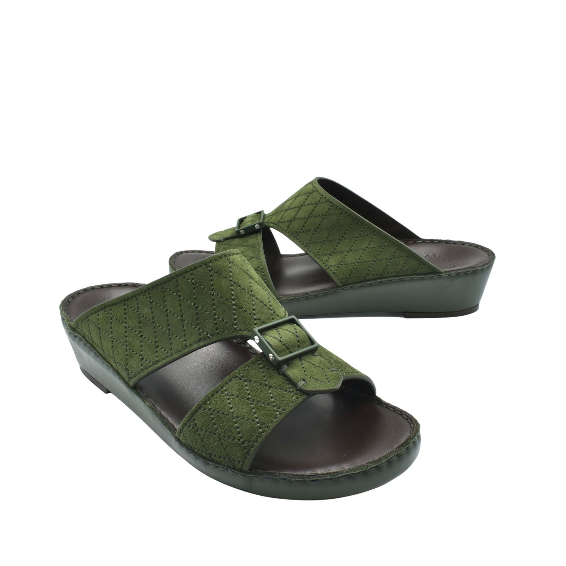 Green premium suede sandals with dual buckle straps and cushioned sole for comfort